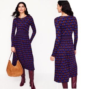 Boden Thea Jersey Dress US 12R Viscose Smocked Midi Poppy Print Purple